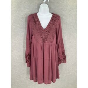 Altar State Dress Sz S Boho Crochet Lace V Neck Bell Sleeve Tiered Dusty Rose